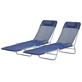 Outsunny 2 Piece Sun Loungers Dark Blue Folding Chaise Lounge Chairs with Reclining Back Breathable Mesh Seat Headrest for Comfort