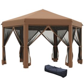 Outsunny 13x13 Pop Up Canopy, Hexagonal, Brown, Mesh Sidewalls, Adjustable Height, Steel Frame