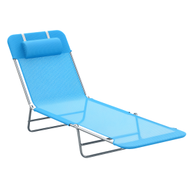 Outsunny Folding Sun Chair, Portable Outdoor Chair with Adjustable Back, Breathable Mesh and Pillow, for Patio, Beach, Blue