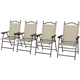 Outsunny Mesh Folding Outdoor Chairs Set of 4 with Armrests for Lawn Comfort, Beige