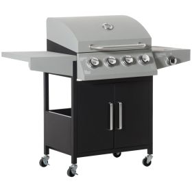 Outsunny 52" Barbecue Grill with Wheels, 4+1 Burner Liquid Propane Gas Grill, Outdoor Cabinet Style BBQ Trolley w/ Side Burner, Warming Rack, Silver
