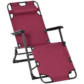 Outsunny Patio Lounge Chair 2-in-1 w/ Pillow Folding Sun Lounger Adjustable Footrest 120/180 Degree Oxford Fabric Red