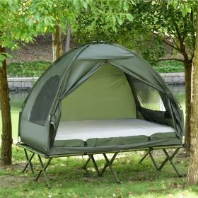 2-Person Foldable Camping Cot, Portable Outdoor w/ Bedspread & Thick Air Mattress, 4-In-1 Elevated Camping Bed Tent for Hiking, Picnic, Green