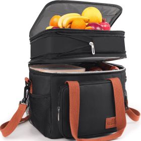 17L Expandable Dual Compartment Lunch Bag, Leakproof Warmer/Cooler Lunch Tote Bag with Side Pocket&Shoulder Strap for Work, Picnic, Camping, Black