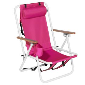 Folding Beach Chair, 4-Position Portable Backpack Foldable Camping Chair with Headrest Cup Holder and Wooden Armrests