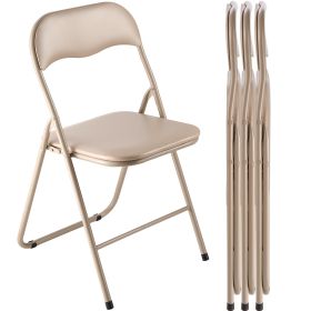 4 Pack Folding Chairs Portable Leather Chairs with Padded Cushion Khaki