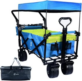 Collapsible Wagon 140L Wagons Carts Foldable With Removable Canopy, Folding Wagon Cart With Wheels For All-Terrain With Brake, Foldable Wagon Wit (Color: Blue green color)