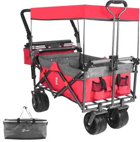 Collapsible Wagon 140L Wagons Carts Foldable With Removable Canopy, Folding Wagon Cart With Wheels For All-Terrain With Brake, Foldable Wagon Wit (Color: Red Gray)