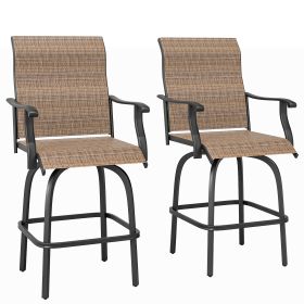 Set of 2 Outdoor Swivel Bar Stools with Armrests, Bar Height Patio Chairs with Steel Frame for Balcony, Poolside, Backyard, Brown (Option: Brown-675x625x320 mm)
