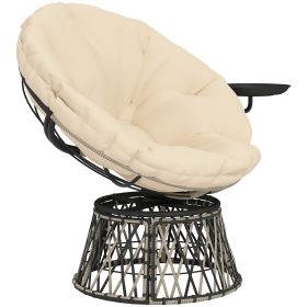 360° Swivel Outdoor Papasan Chair, 39" Overstuffed Circle Chair with Side Tray, Thick Cushion for Indoor Patio, Beige (Option: Beige-980x530x390 mm)