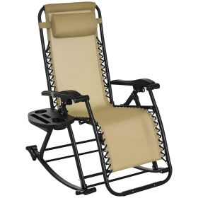 Outdoor Rocking Chairs, Foldable Reclining Zero Gravity Lounge Rocker with Pillow, Phone & Cup Holder, Combo Design with Folding Legs, Beige (Option: Beige-1050x720x210 mm)