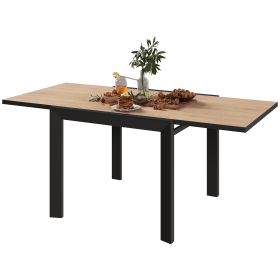 35.5"-71" Expandable Outdoor Dining Table for 4-6 People, Aluminum Patio Table with Slatted Wood Grain Top, Natural (Option: Natural Wood-990x150x990 mm)