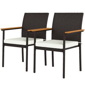 Stackable Patio Wicker Dining Chair Set of 2 with Cushions, Backrest, Armrests for Deck, Garden, Cream White (Option: Cream White-880x580x200 mm)