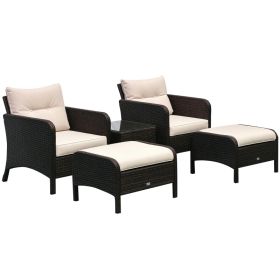 5 Pieces Rattan Wicker Lounge Chair Outdoor Patio Conversation Set with 2 Cushioned Chairs, 2 Ottomans and Tempered Glass Top Coffee Table, Brow (Option: Beige-640x640x530 mm)