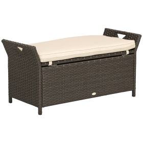 29 Gallon Patio Wicker Storage Bench, Outdoor PE Rattan Patio Furniture, 2-In-1 Large Capacity Rectangle Garden Storage Box with Handles and Cus (Option: Cream White-920x220x470 mm)