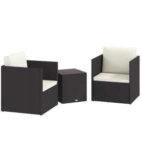 Folding Wicker Bistro Set, 3 Piece Patio Furniture Set with Cushions and Glass Coffee Table for Porch, Balcony, Brown (Option: Brown-1260x670x310 mm)